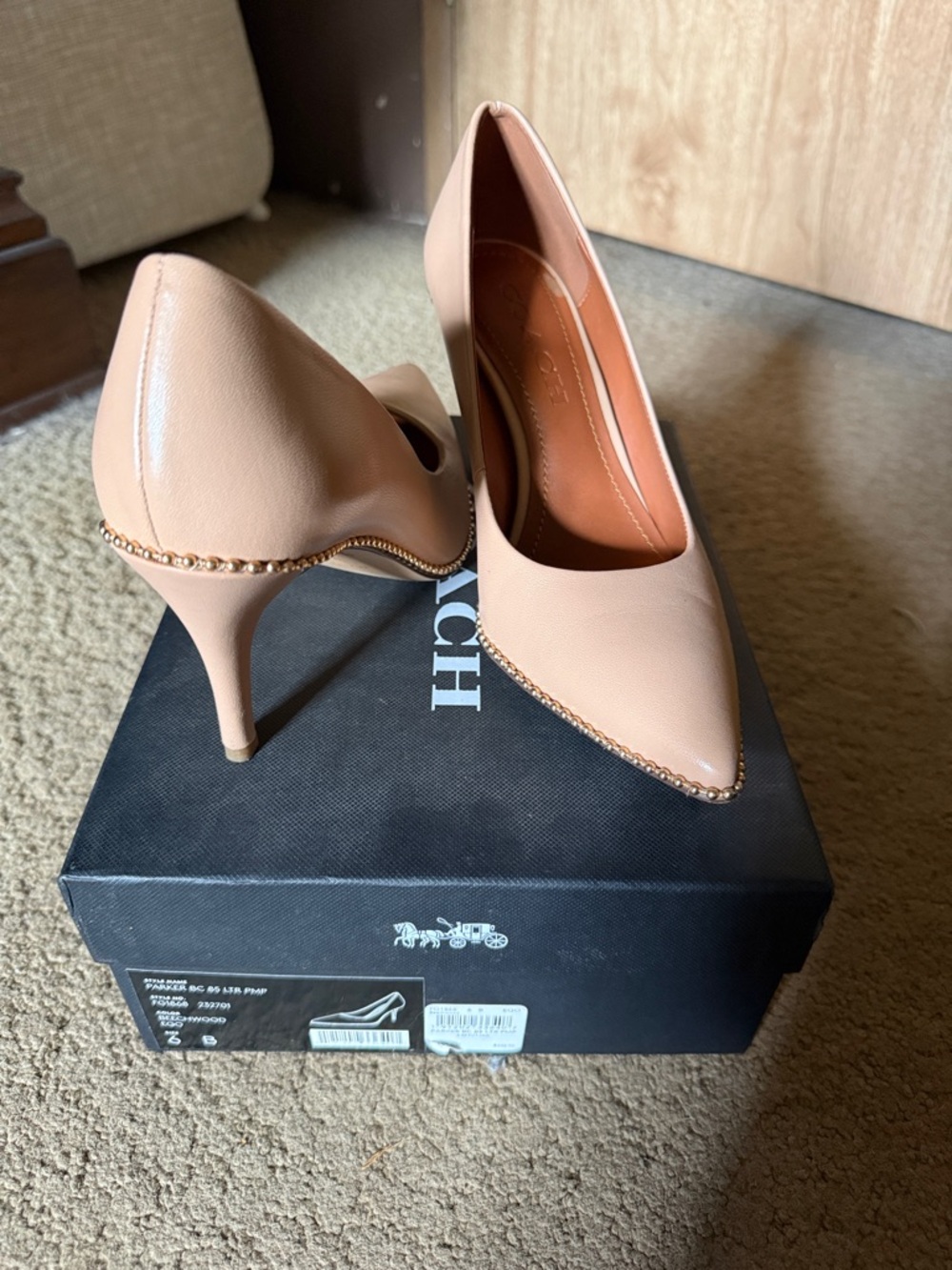 Coach Parker Nude Pointed Toe Stiletto Pumps with Beaded Trim